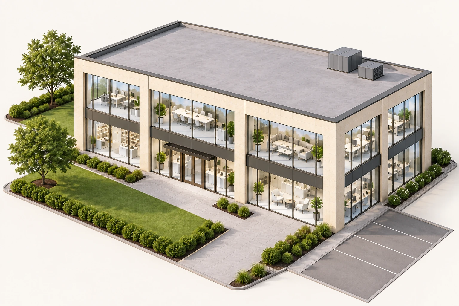 Illustration: Gewerbegebäude mit gereinigter und reflektierender Glasfassade