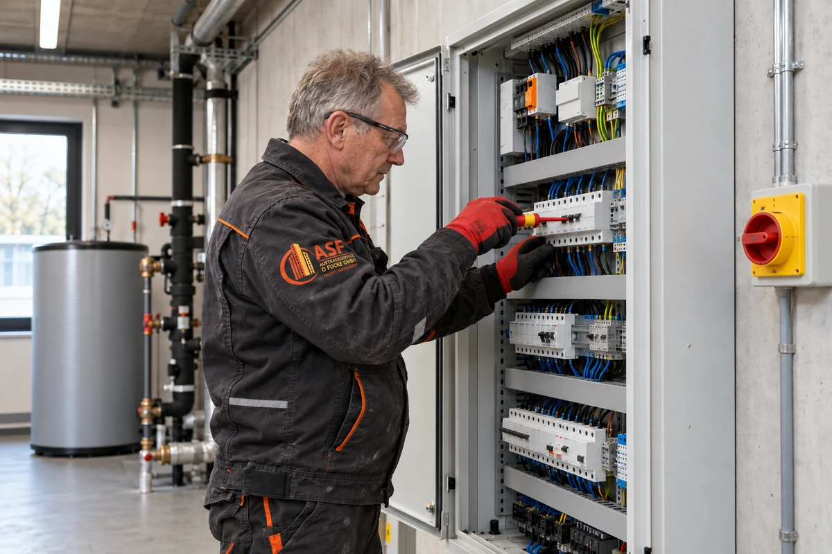 KI-generiertes Symbolbild mit ASF-Arbeitskleidung: Elektrofachkraft arbeitet an einer elektrischen Verteilung