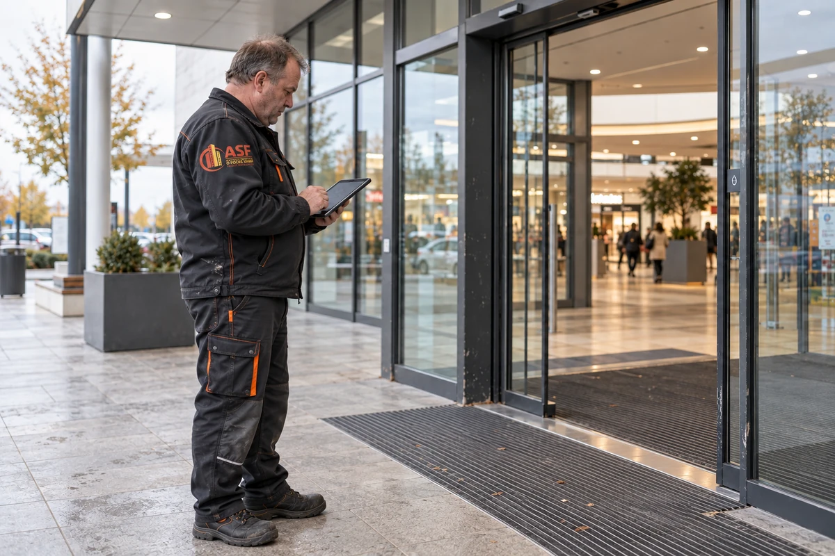 KI-generiertes Symbolbild mit ASF-Arbeitskleidung: Objektbetreuer prüft einen Gebäudeeingang mit einem Tablet