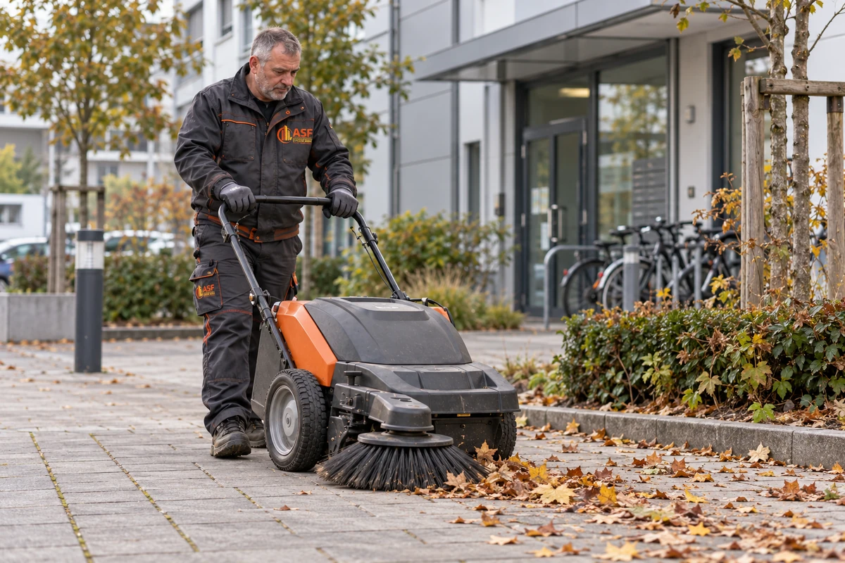 KI-generiertes Symbolbild mit ASF-Arbeitskleidung: Mitarbeiter reinigt einen befestigten Weg mit einer Kehrmaschine
