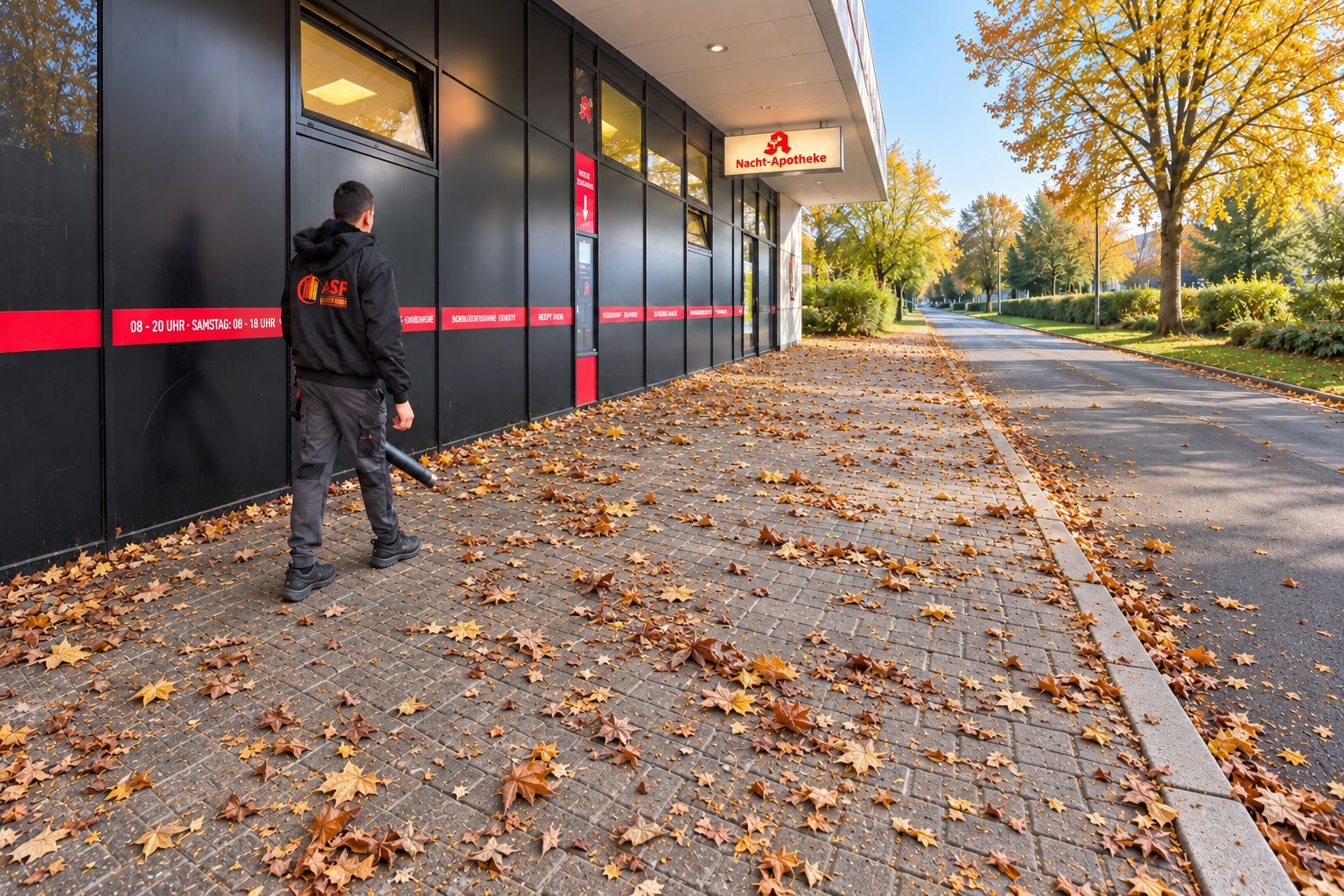 Person in ASF-Arbeitskleidung entfernt Laub von einem gepflasterten Weg mit einem Laubbläser