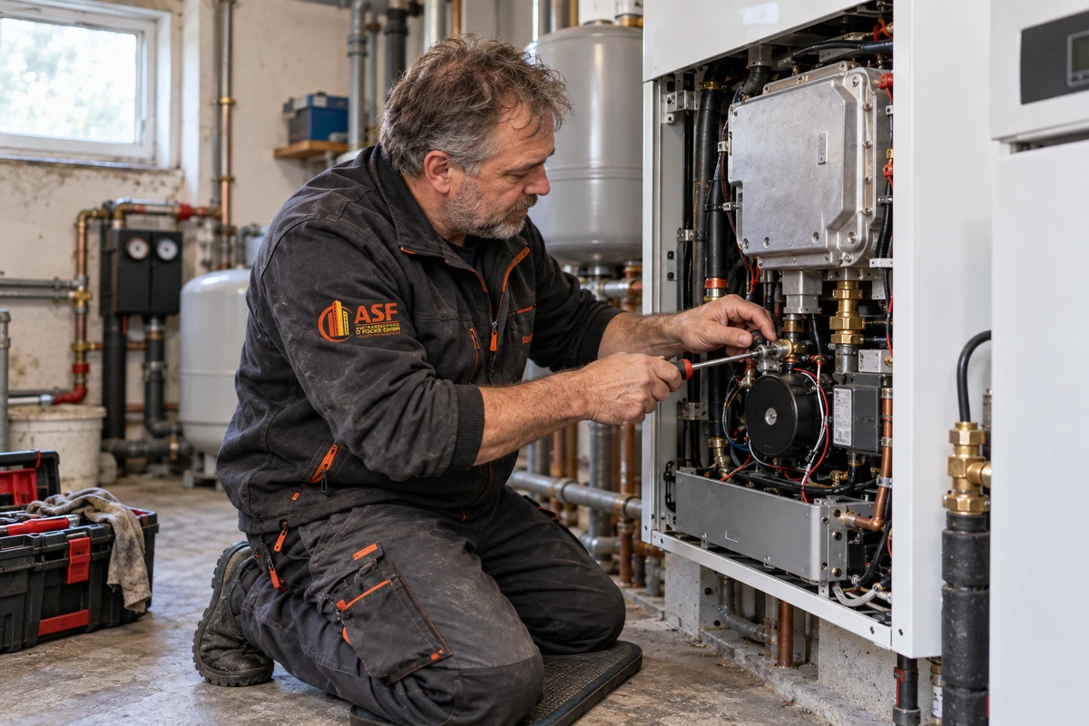 KI-generiertes Symbolbild mit ASF-Arbeitskleidung: Heizungstechniker arbeitet an einer geöffneten Heizungsanlage