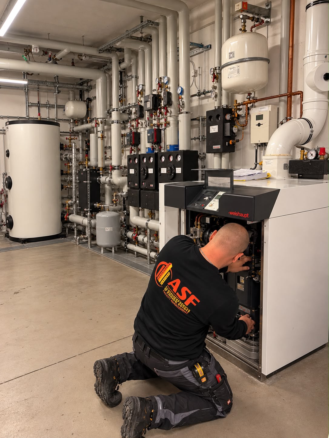 ASF-Mitarbeiter arbeitet an einer geöffneten Heizungsanlage im Technikraum