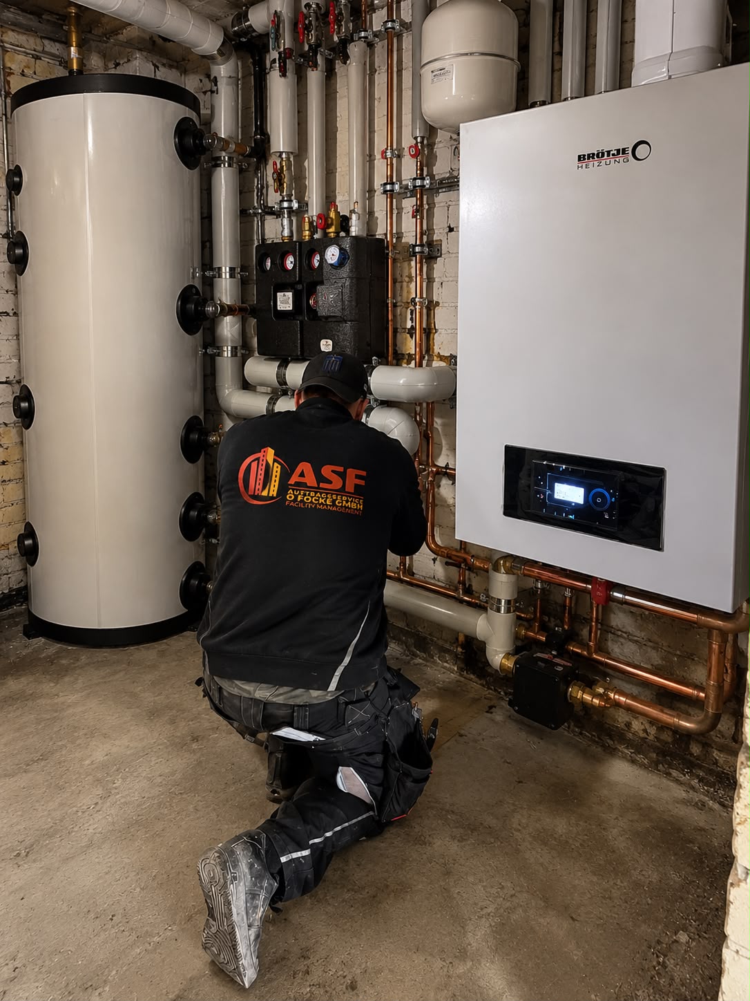 ASF-Mitarbeiter arbeitet an der Rohrinstallation einer Heizungsanlage