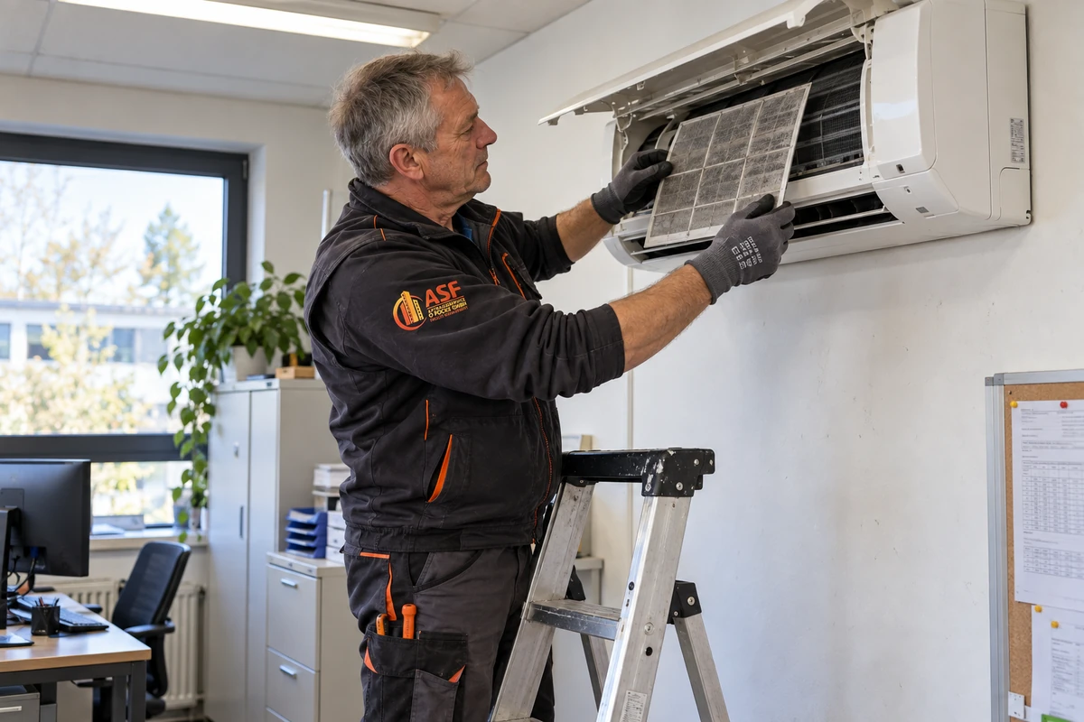 KI-generiertes Symbolbild mit ASF-Arbeitskleidung: Techniker wartet das Innengerät einer Klimaanlage