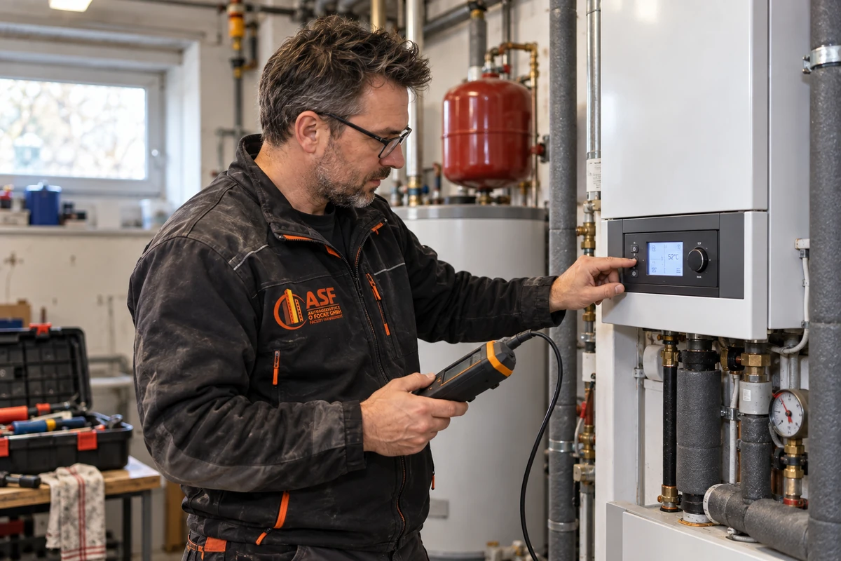 KI-generiertes Symbolbild mit ASF-Arbeitskleidung: Techniker prüft eine Heizungsregelung mit einem Diagnosegerät