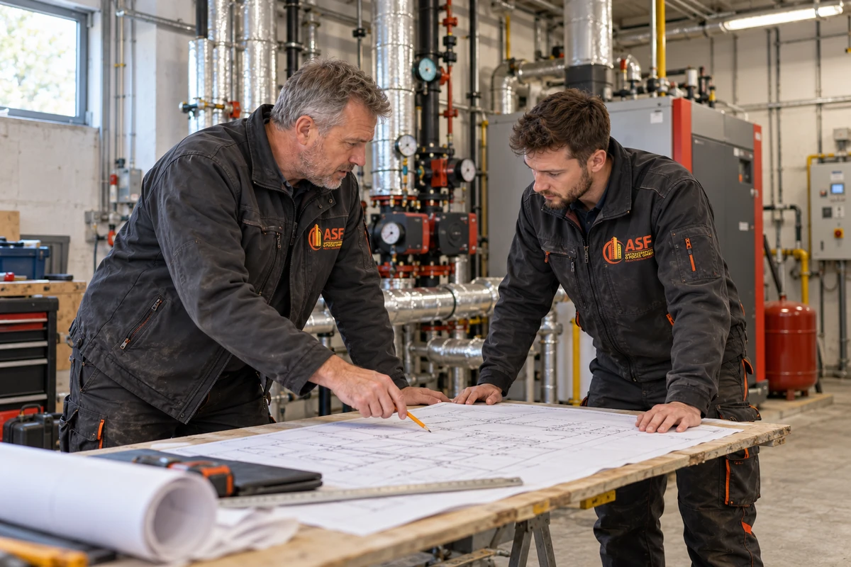 KI-generiertes Symbolbild mit ASF-Arbeitskleidung: Planer und Techniker besprechen technische Zeichnungen vor Ort