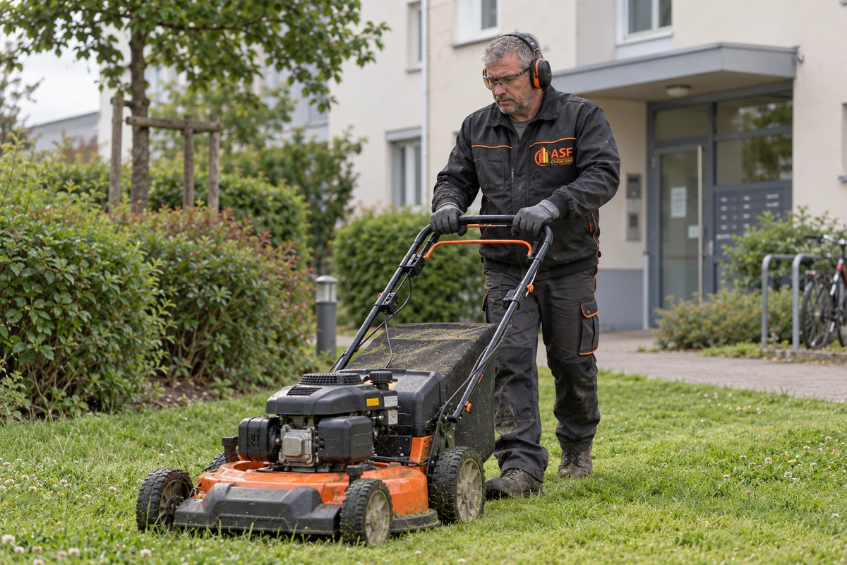 KI-generiertes Symbolbild mit ASF-Arbeitskleidung: Mitarbeiter mäht eine Rasenfläche vor einem Gewerbegebäude