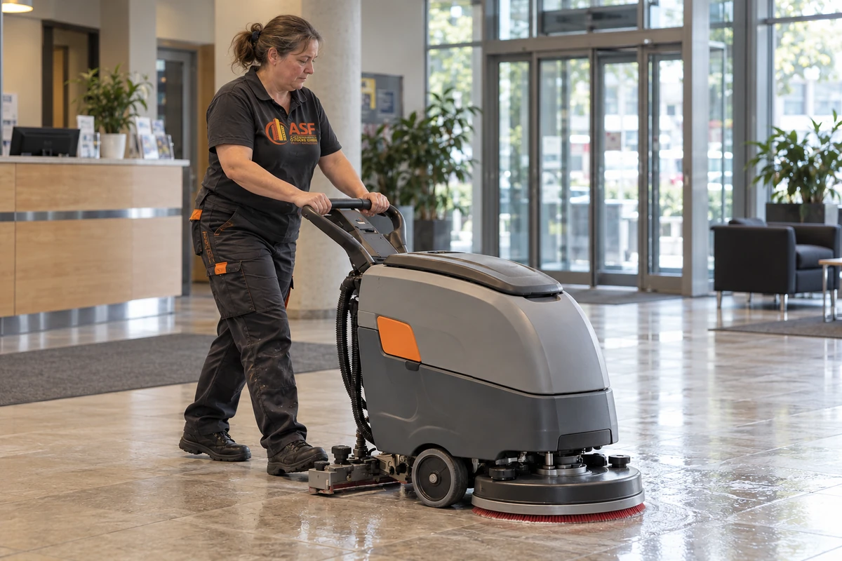 KI-generiertes Symbolbild mit ASF-Arbeitskleidung: Reinigungskraft bedient eine Scheuersaugmaschine in einer Eingangshalle