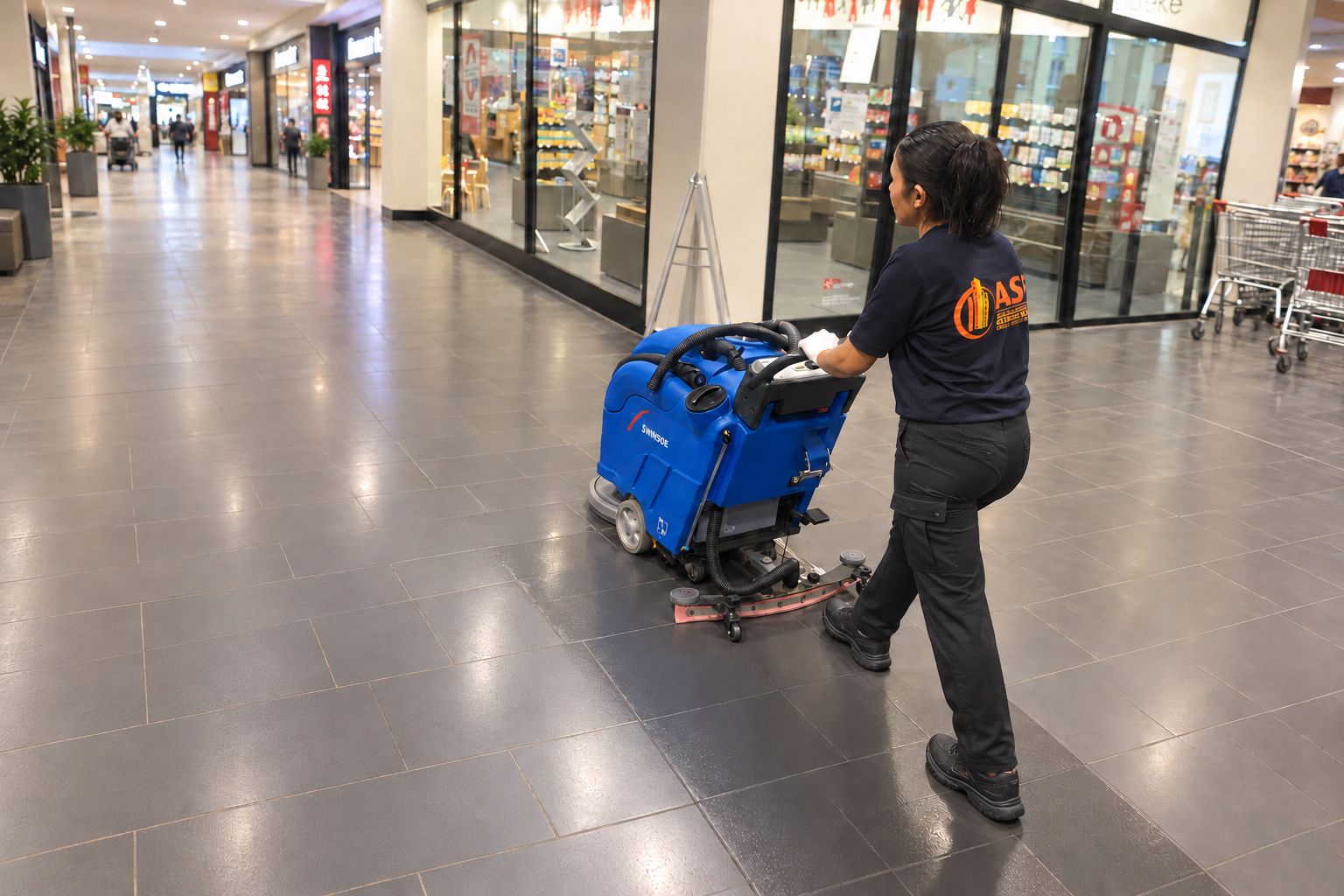 Person in ASF-Arbeitskleidung bedient eine Reinigungsmaschine in einem Einkaufszentrum