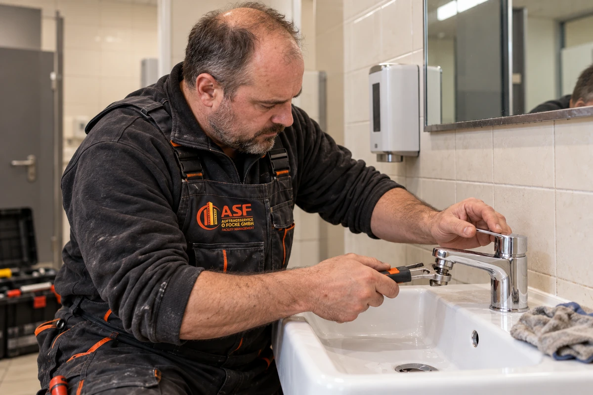 KI-generiertes Symbolbild mit ASF-Arbeitskleidung: Sanitärinstallateur montiert eine Waschtischarmatur