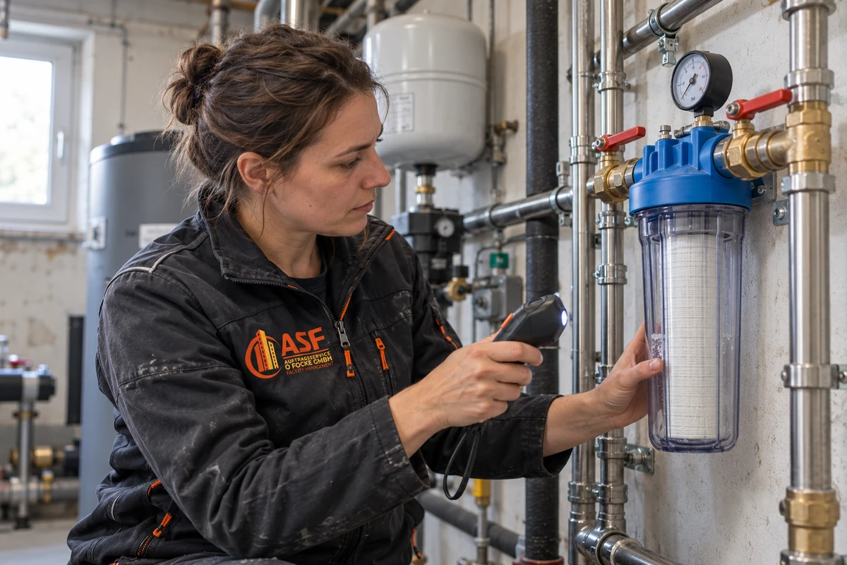 KI-generiertes Symbolbild mit ASF-Arbeitskleidung: Fachkraft kontrolliert Wasserfilter und Rohrleitungen