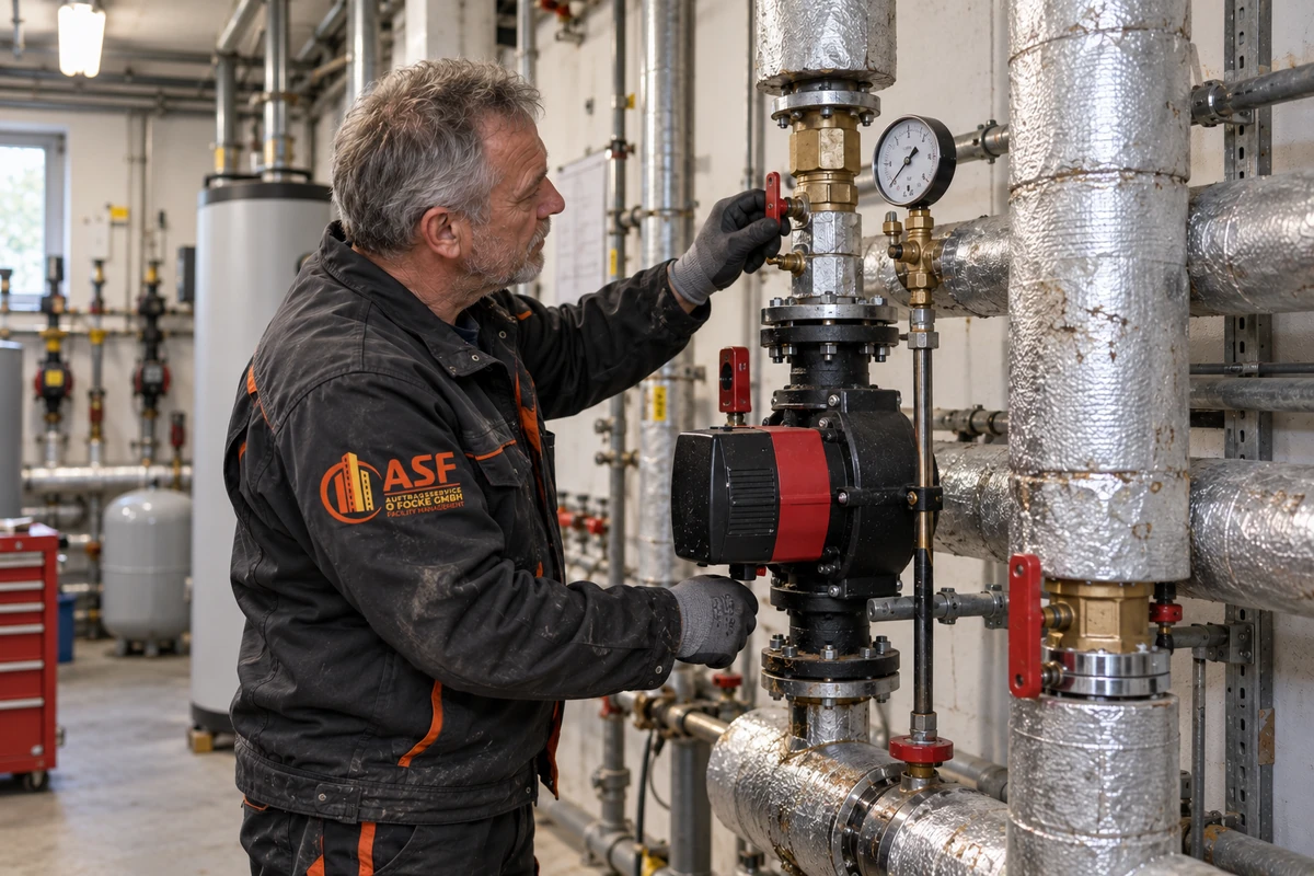KI-generiertes Symbolbild mit ASF-Arbeitskleidung: Techniker kontrolliert eine Pumpe im Technikraum