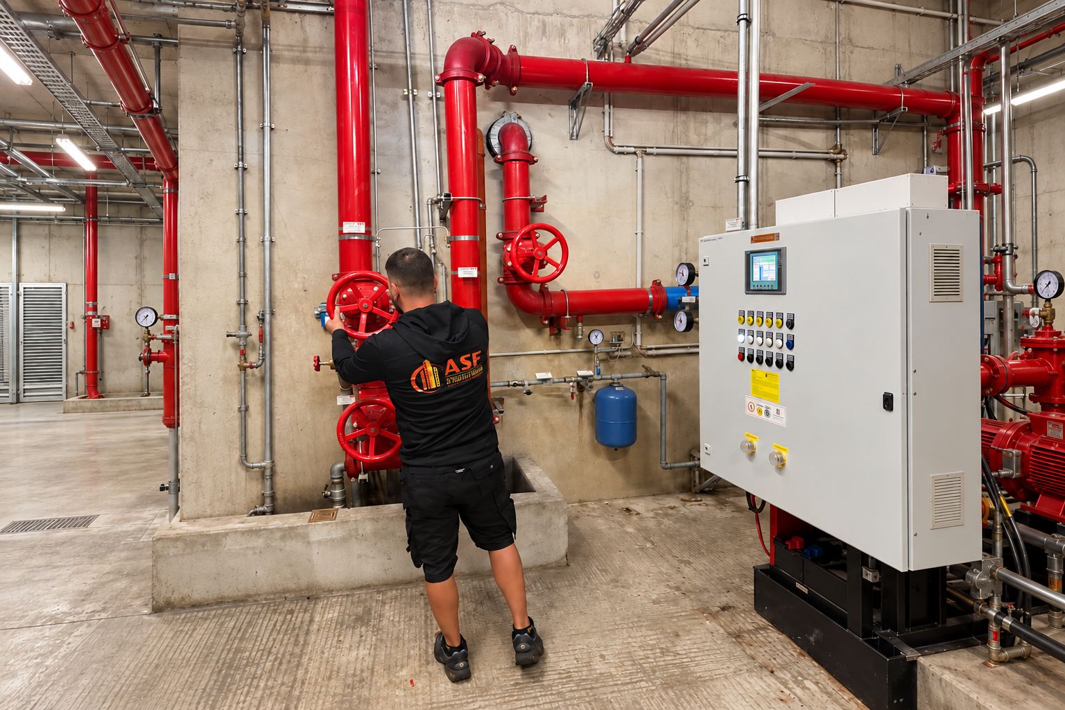 ASF-Mitarbeiter kontrolliert eine Sprinkleranlage im Technikraum