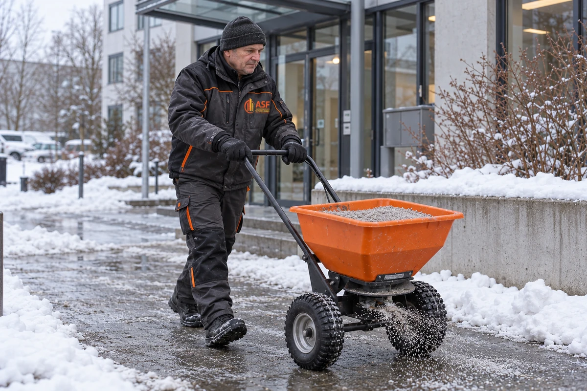 KI-generiertes Symbolbild mit ASF-Arbeitskleidung: Mitarbeiter streut einen geräumten Gehweg im Winter